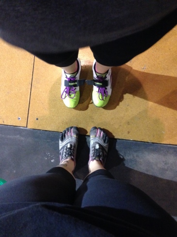 Above are my friend, Jackie's awesome Reebok Lifters. Below are my Vibrams that I have recently been lifting in.