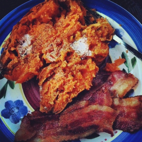 Pre-Workout sweet potato and bacon! Potatoes for PRs!